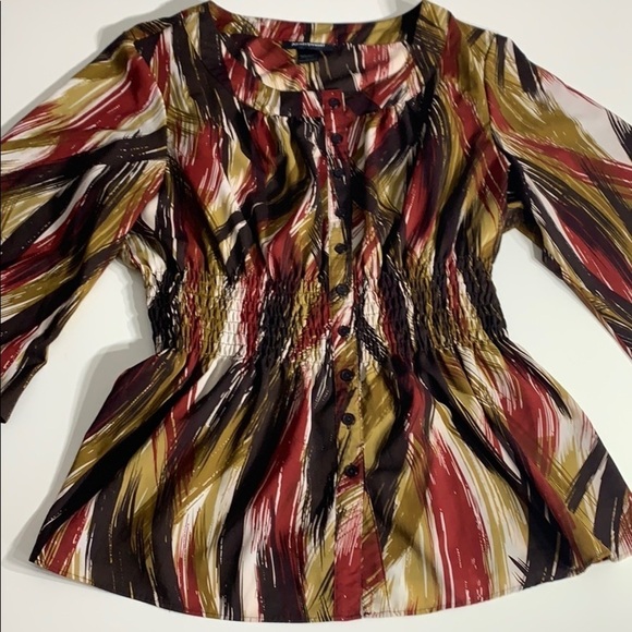 Ashley Stewart Elastic Waist Peplum Bell Sleeve abstract autumn blouse 18 - Picture 3 of 8